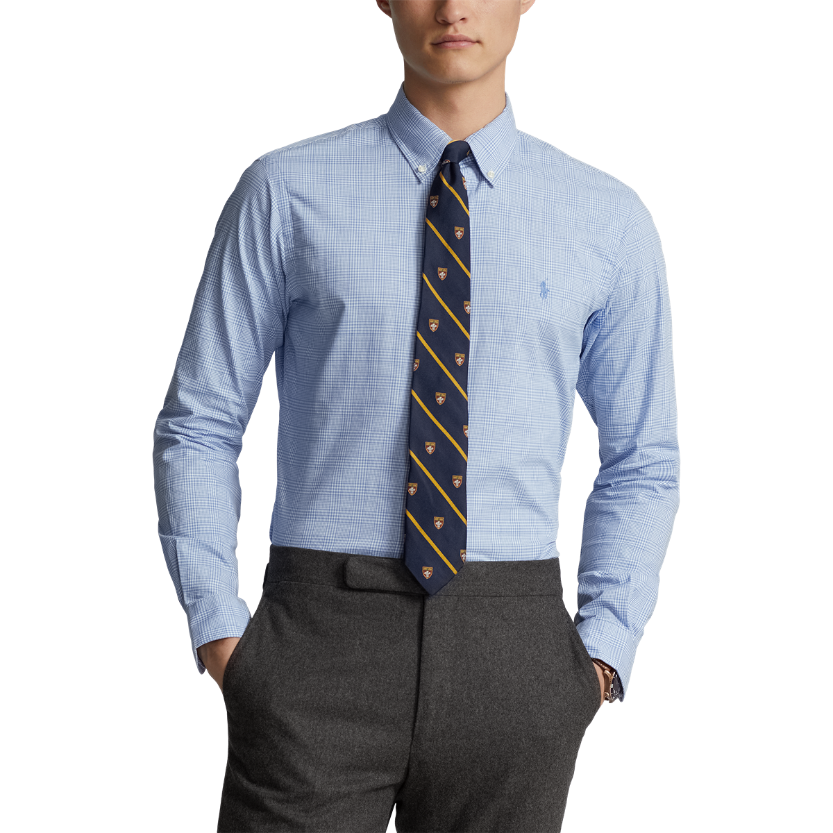 Model wearing POLO Ralph Lauren - L/S Sanded Twill Sportshirt with Estate Spread Collar in Blue/White.