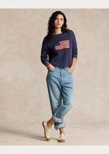 Load image into Gallery viewer, Model wearing Polo Ralph Lauren - Flag Pointelle Cotton-Linen Sweater in Blue Multi.
