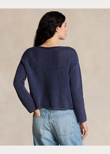Model wearing Polo Ralph Lauren - Flag Pointelle Cotton-Linen Sweater in Blue Multi - back.