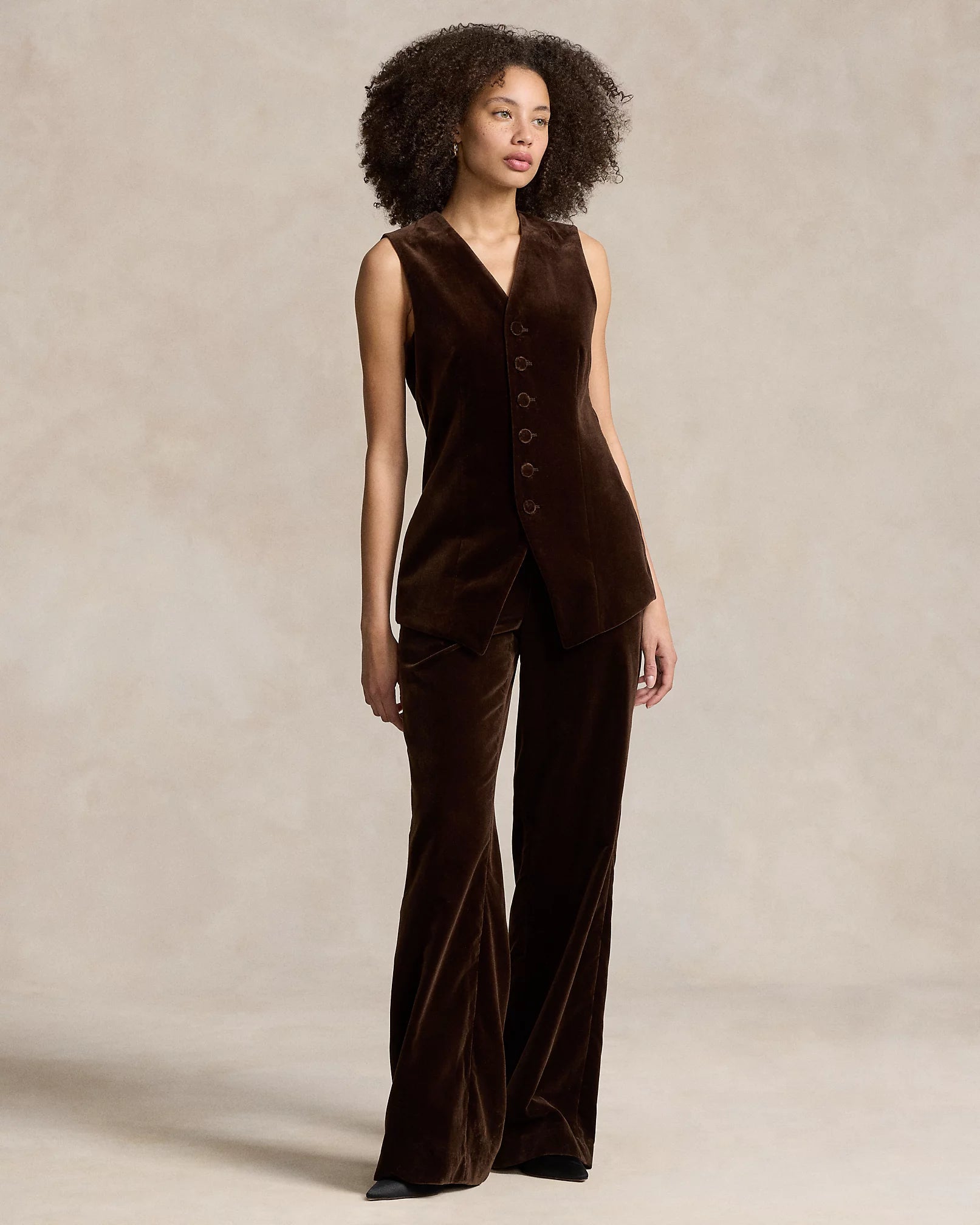 Model wearing Polo Ralph Lauren - Long Velvet Vest in Circuit Brown.