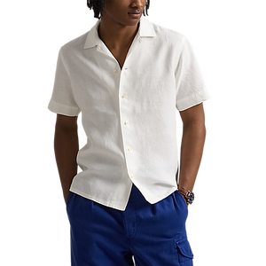 Model wearing  POLO Ralph Lauren - SS Garment Dyed Slubby Linen Andy Camp Shirt in Ceramic White.