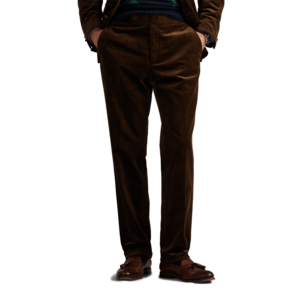 Model wearing POLO Ralph Lauren - 8 Wale Corduroy Chester Trouser in Chestnut.