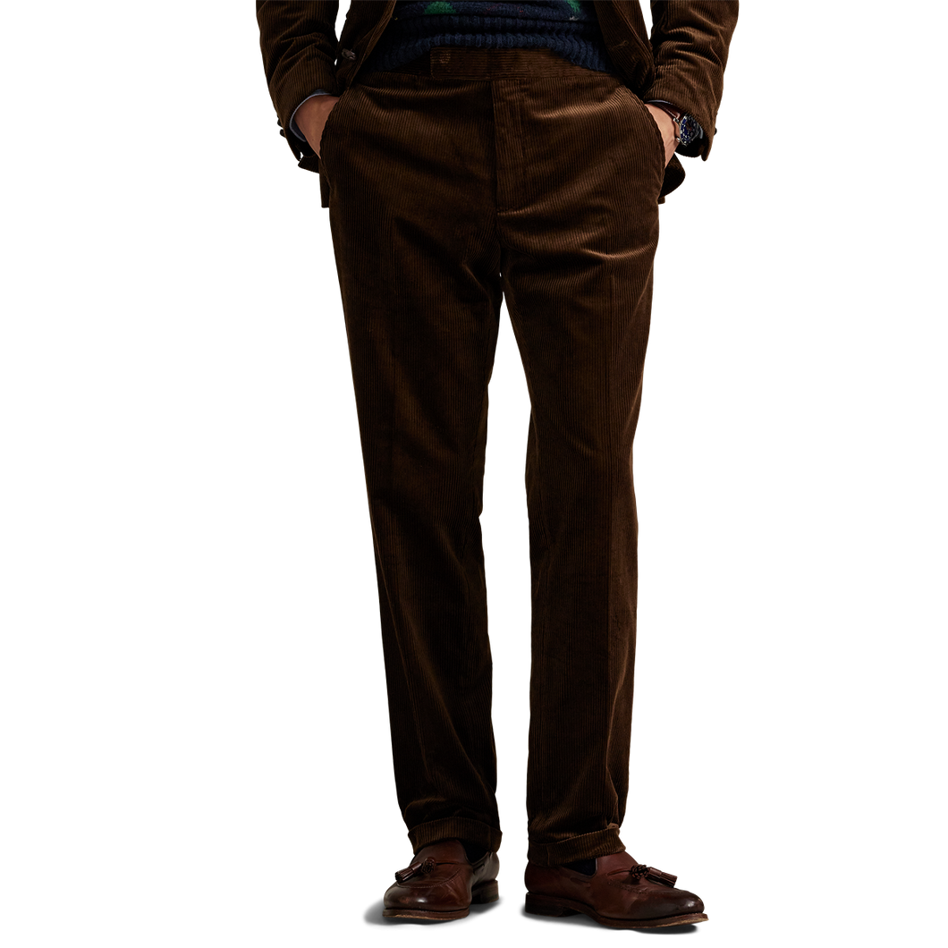 Model wearing POLO Ralph Lauren - 8 Wale Corduroy Chester Trouser in Chestnut.