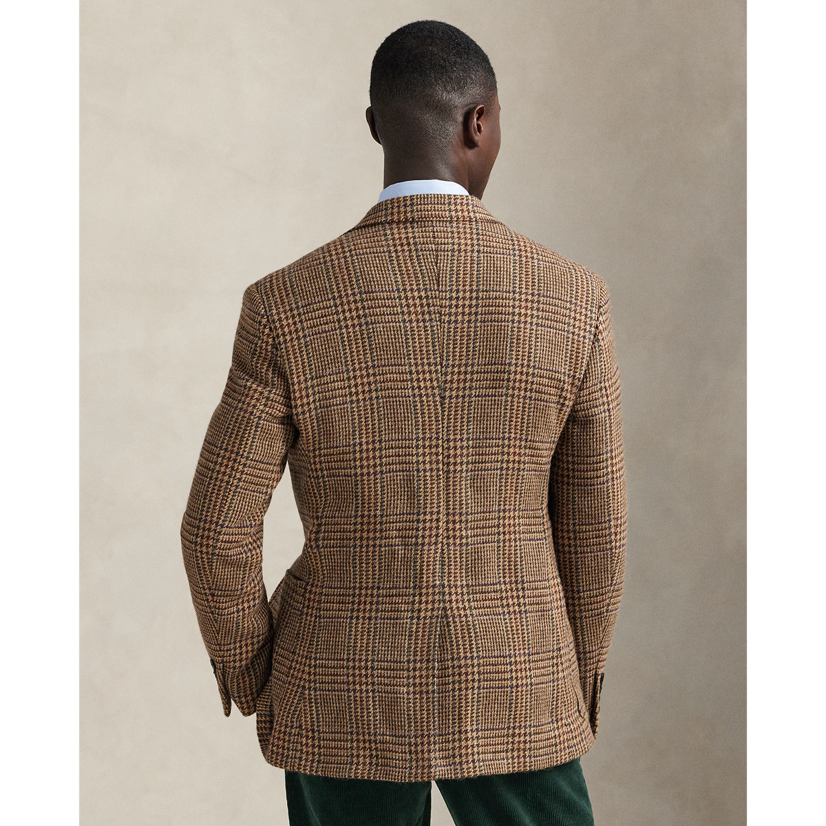 Model wearing POLO Ralph Lauren - Single Breasted Large Glenplaid Polo Yale Sportcoat in Tan/Multi- back.