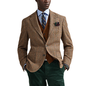 Model wearing POLO Ralph Lauren - Single Breasted Large Glenplaid Polo Yale Sportcoat in Tan/Multi.
