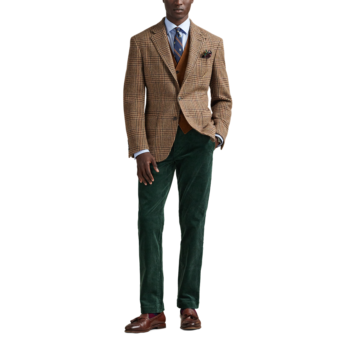 Model wearing POLO Ralph Lauren - Single Breasted Large Glenplaid Polo Yale Sportcoat in Tan/Multi.