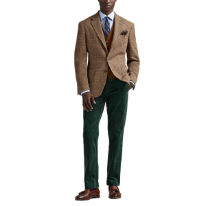 Model wearing POLO Ralph Lauren - Single Breasted Large Glenplaid Polo Yale Sportcoat in Tan/Multi.