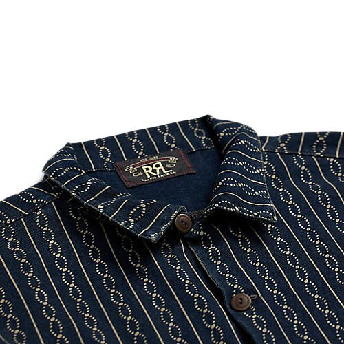 RRL - SS Indigo Print Jersey Camp Shirt in Indigo Multi.