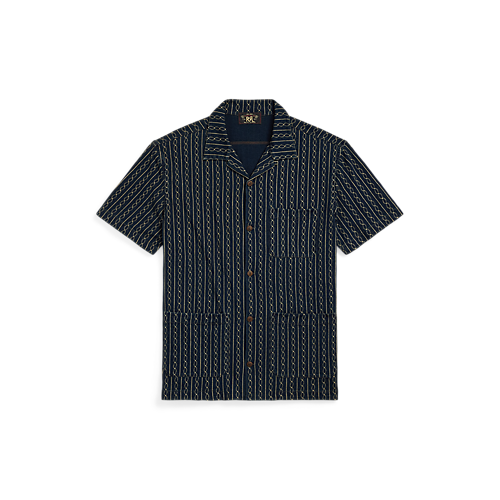 RRL - SS Indigo Print Jersey Camp Shirt in Indigo Multi.