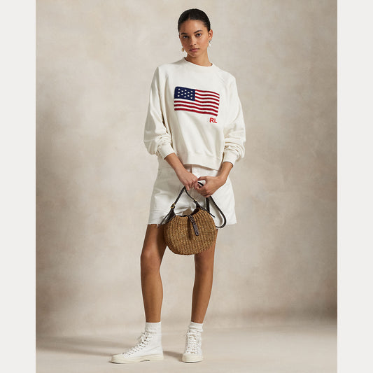Model wearing Polo Ralph Lauren - Logo Flag French Terry Crewneck Sweatshirt in Nevis.