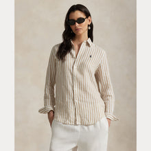 Load image into Gallery viewer, Model wearing Polo Ralph Lauren - Linen Classic LS Button Front Shirt in Cafe Tan/White.

