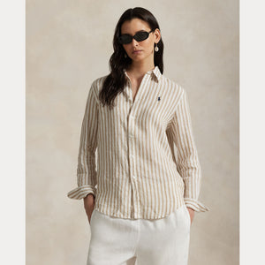 Model wearing Polo Ralph Lauren - Linen Classic LS Button Front Shirt in Cafe Tan/White.