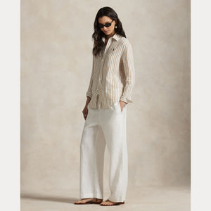 Model wearing Polo Ralph Lauren - Linen Classic LS Button Front Shirt in Cafe Tan/White.