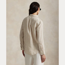 Load image into Gallery viewer, Model wearing Polo Ralph Lauren - Linen Classic LS Button Front Shirt in Cafe Tan/White - back.
