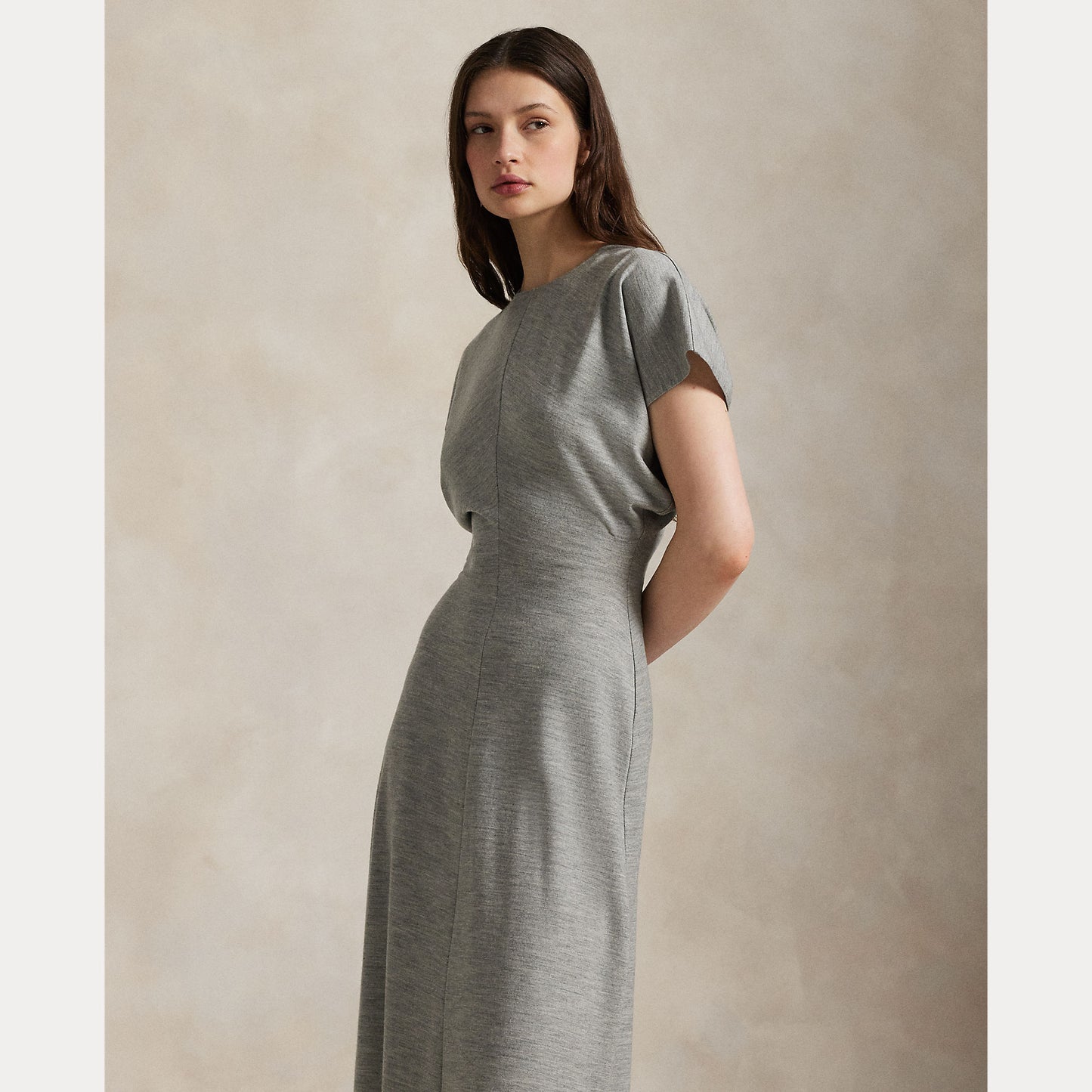 Model wearing Polo Ralph Lauren - Wool Jersey Knit Crew Neck SS A Line Dress in Light Smoke Heather.