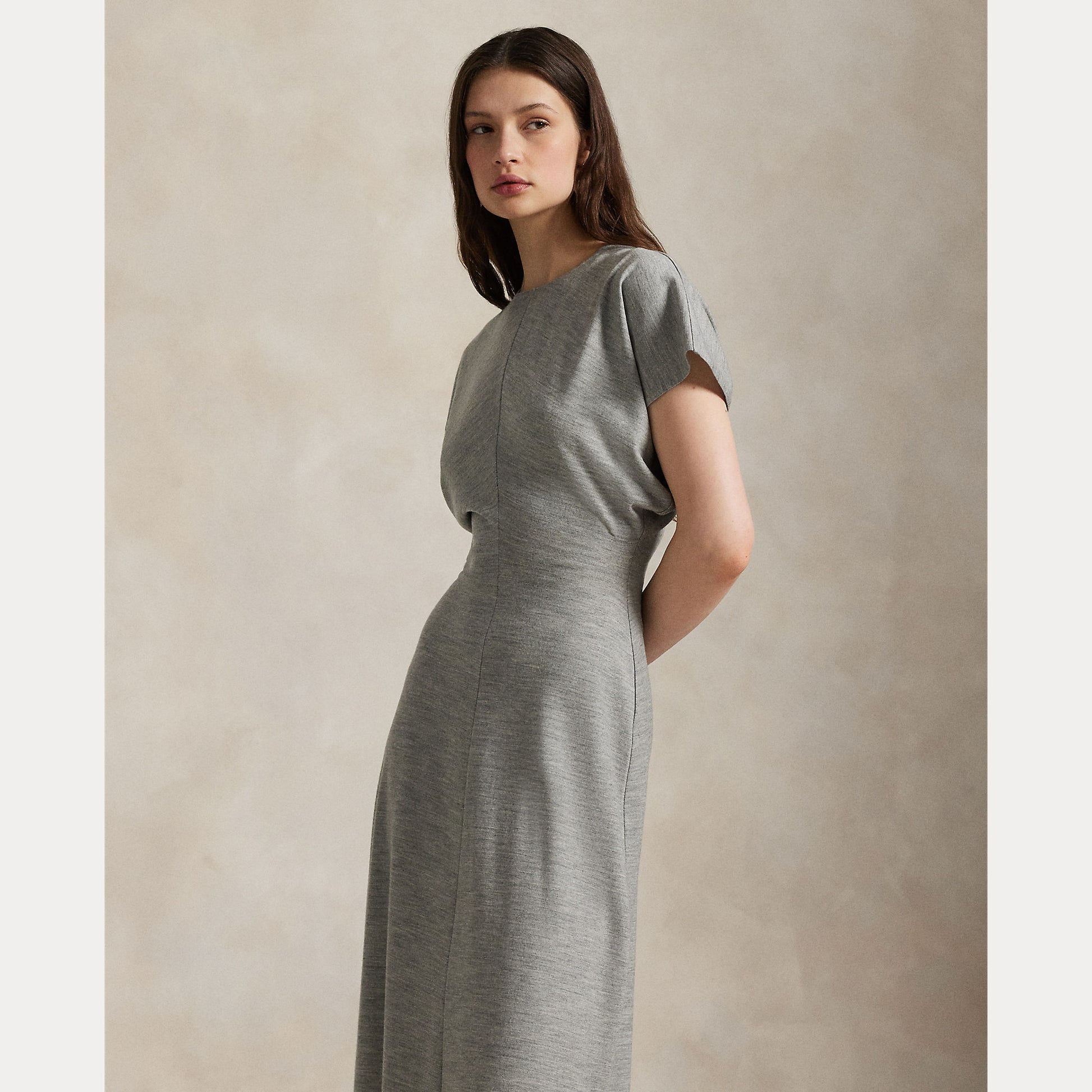 Model wearing Polo Ralph Lauren - Wool Jersey Knit Crew Neck SS A Line Dress in Light Smoke Heather.