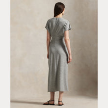 Load image into Gallery viewer, Model wearing Polo Ralph Lauren - Wool Jersey Knit Crew Neck SS A Line Dress in Light Smoke Heather - back.
