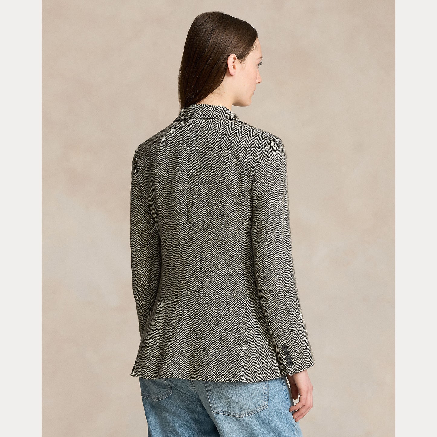 Model wearing Polo Ralph Lauren - Herringbone Linen Blend Heritage Blazer in Black/Cream Herringbone - back.