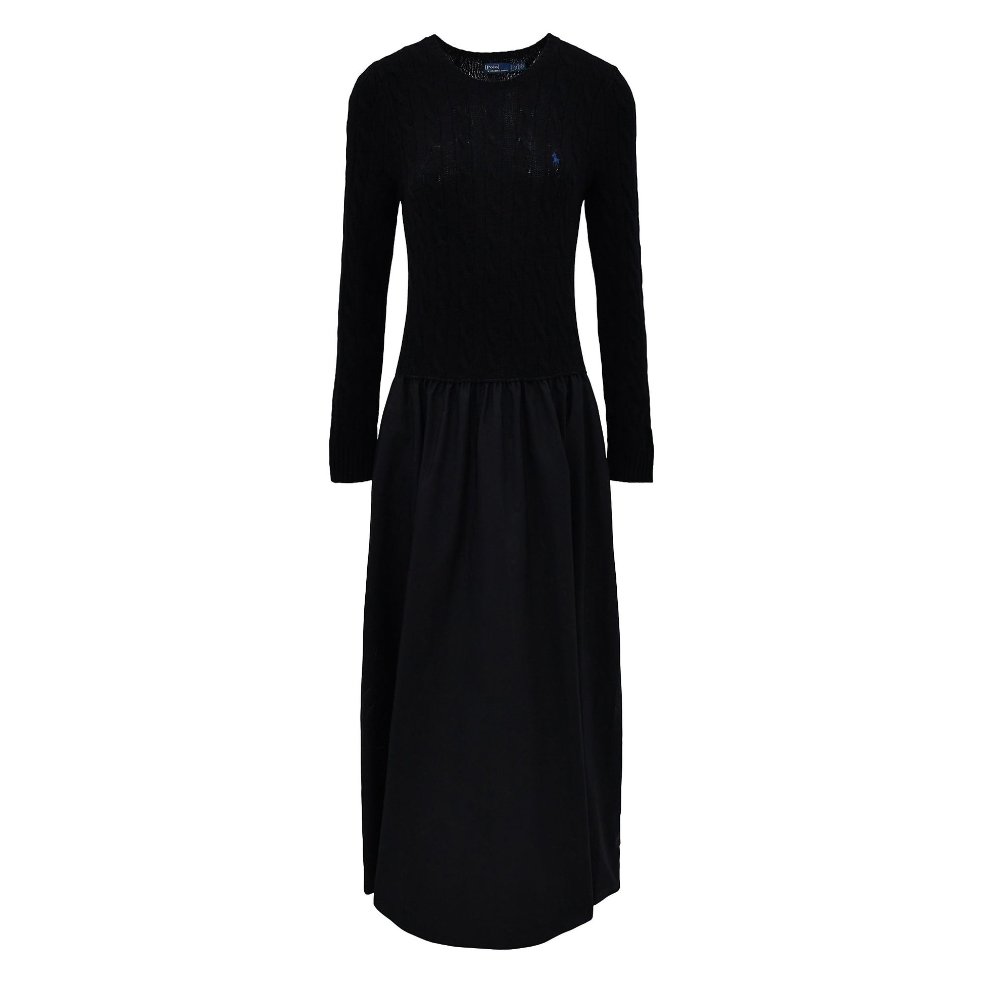 Polo Ralph Lauren - Wool/Cashmere Poplin Crew Neck LS Fit & Flare Dress in Black.