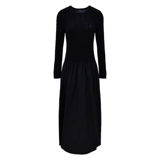Polo Ralph Lauren - Wool/Cashmere Poplin Crew Neck LS Fit & Flare Dress in Black.