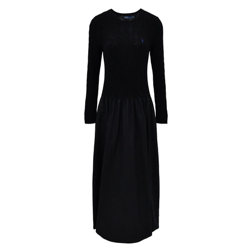 Polo Ralph Lauren - Wool/Cashmere Poplin Crew Neck LS Fit & Flare Dress in Black.