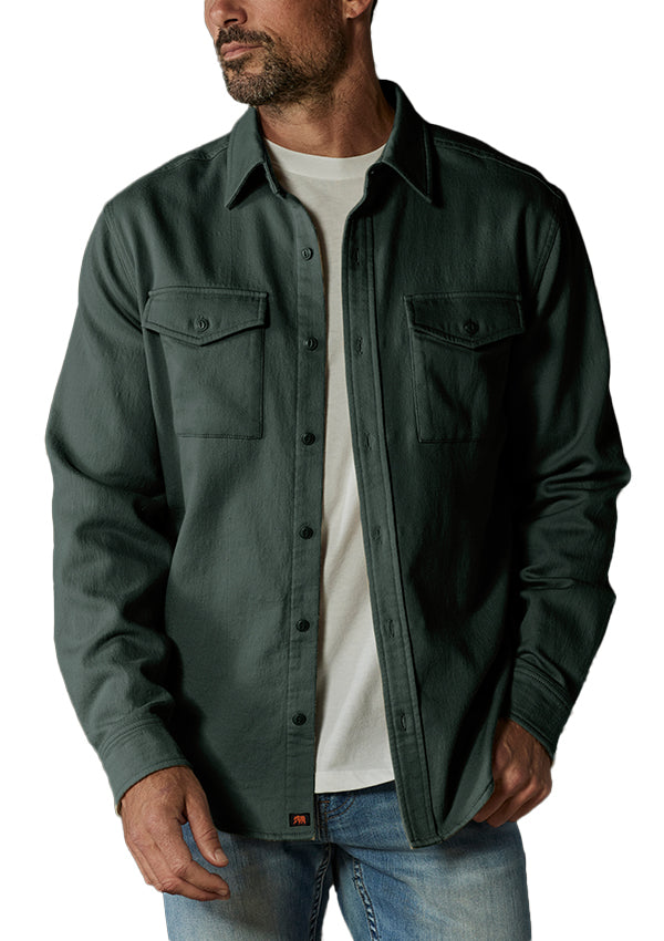 Model wearing The Normal Brand - Big Jake Shirt Jacket in Green Gables.