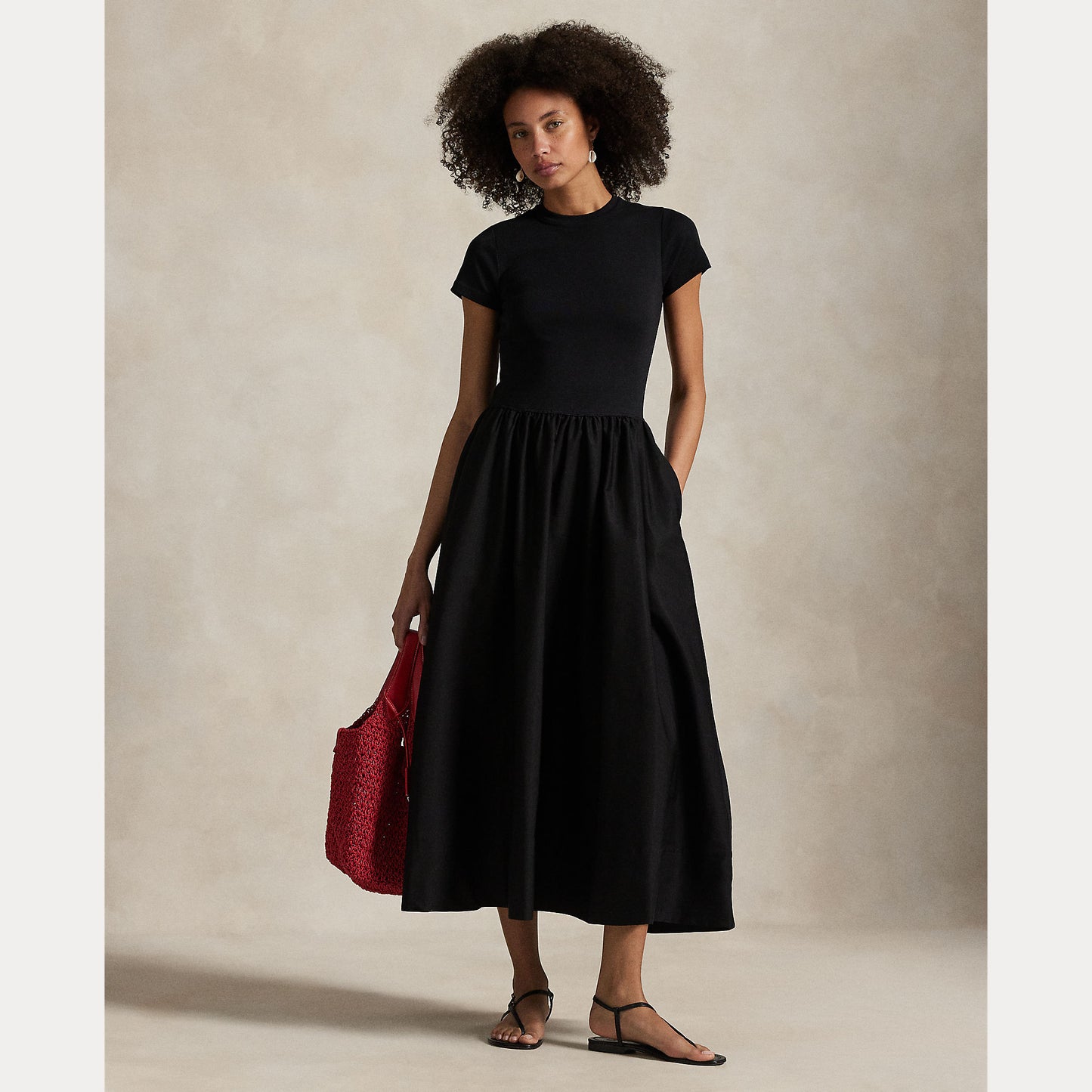 Model wearing Polo Ralph Lauren - Crewneck SS A-Line Dress in Black.