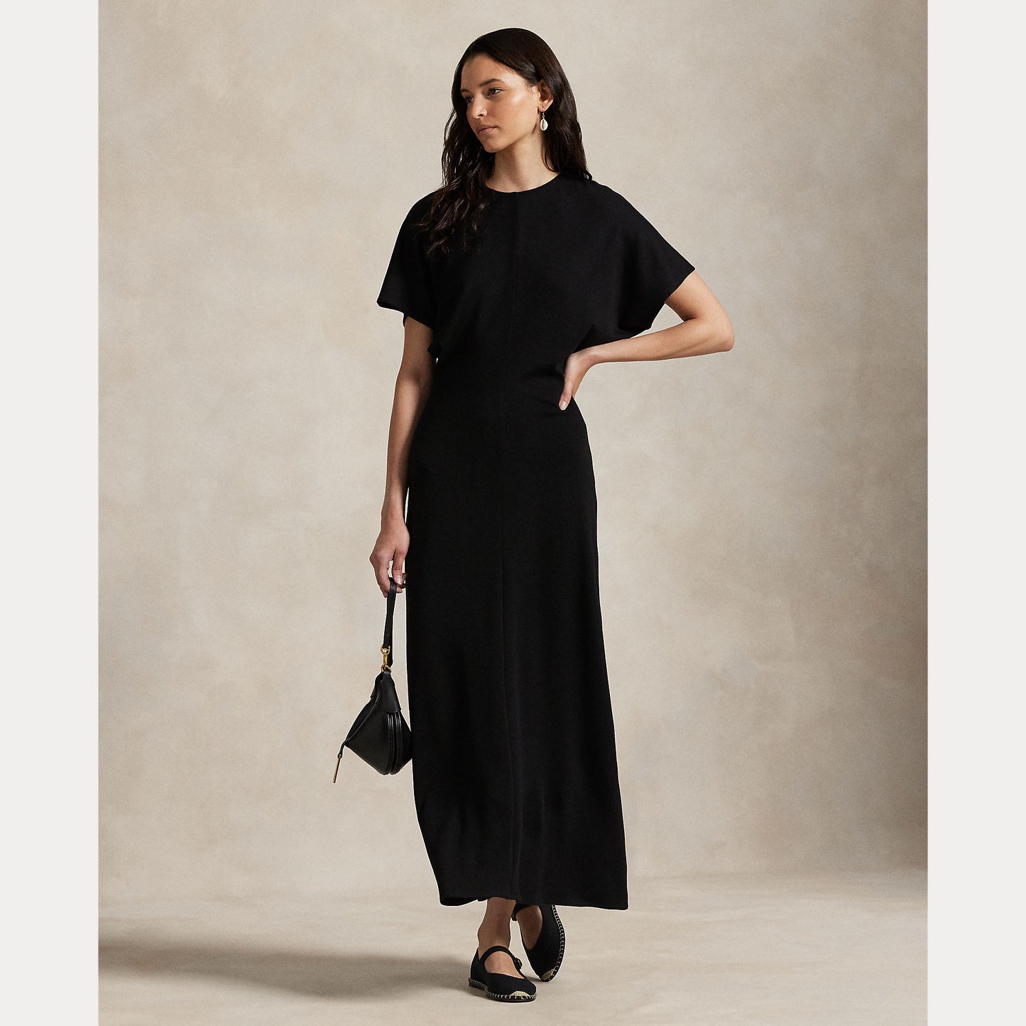 Model wearing Polo Ralph Lauren - Wool Jersey Knit Crew Neck SS A Line Dress in Black.