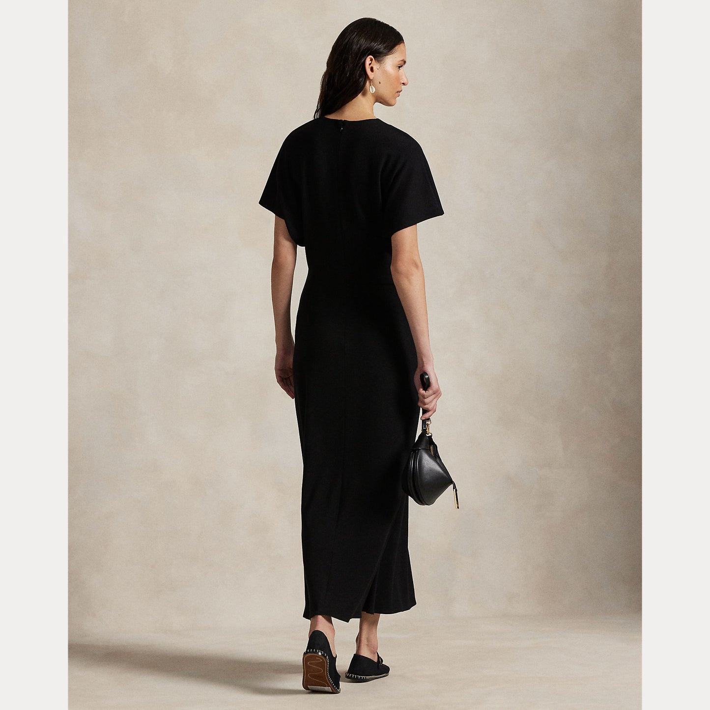 Model wearing Polo Ralph Lauren - Wool Jersey Knit Crew Neck SS A Line Dress in Black - back.