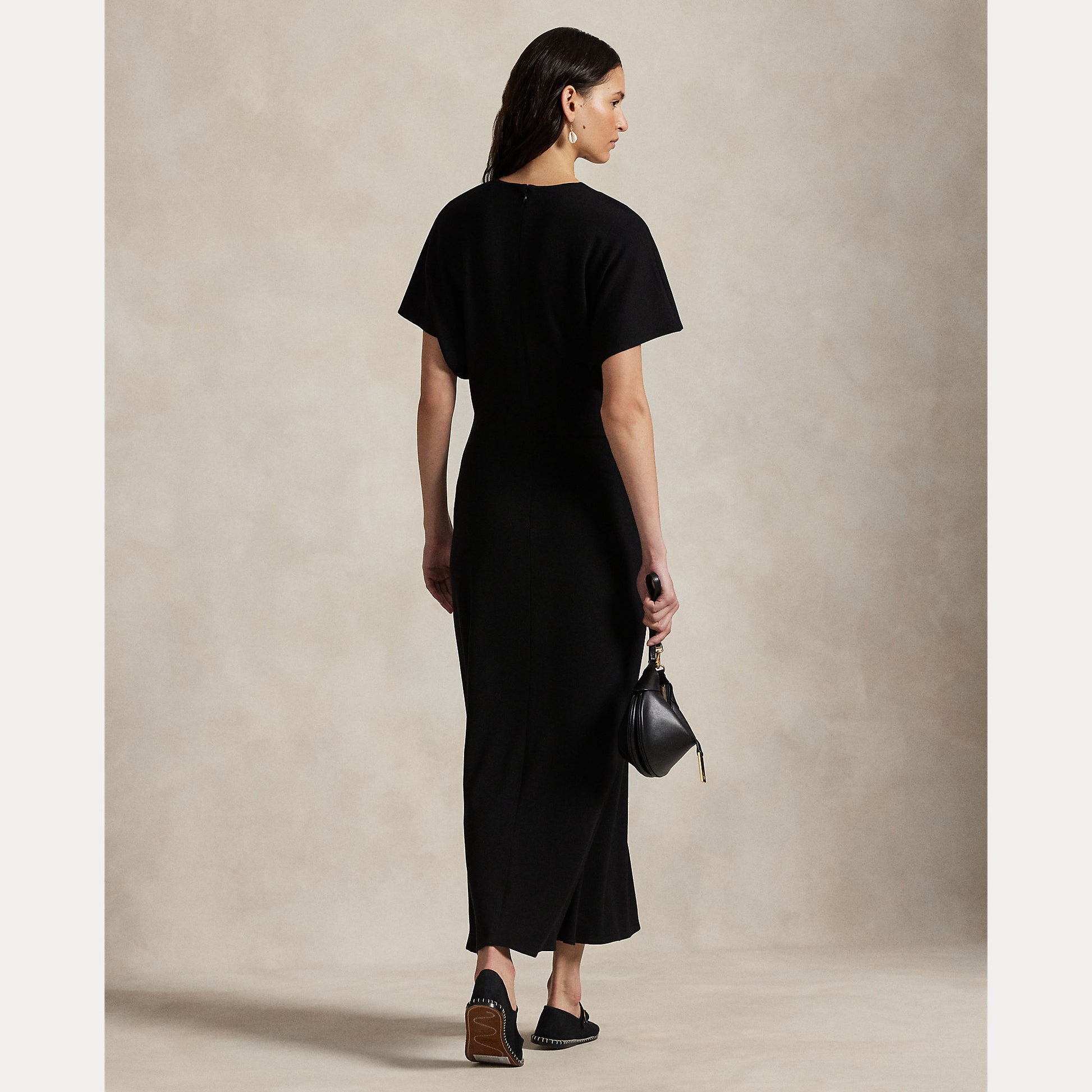 Model wearing Polo Ralph Lauren - Wool Jersey Knit Crew Neck SS A Line Dress in Black - back.
