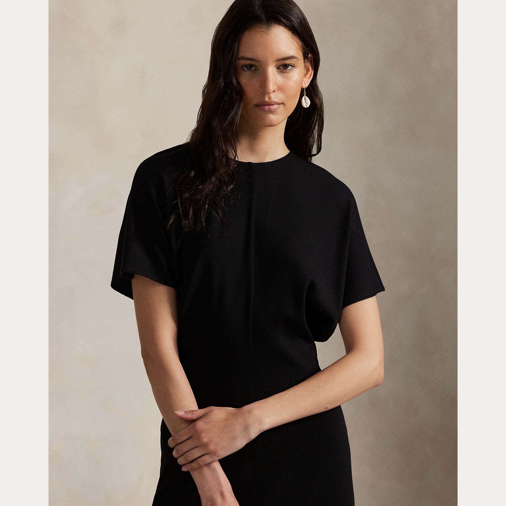 Model wearing Polo Ralph Lauren - Wool Jersey Knit Crew Neck SS A Line Dress in Black.