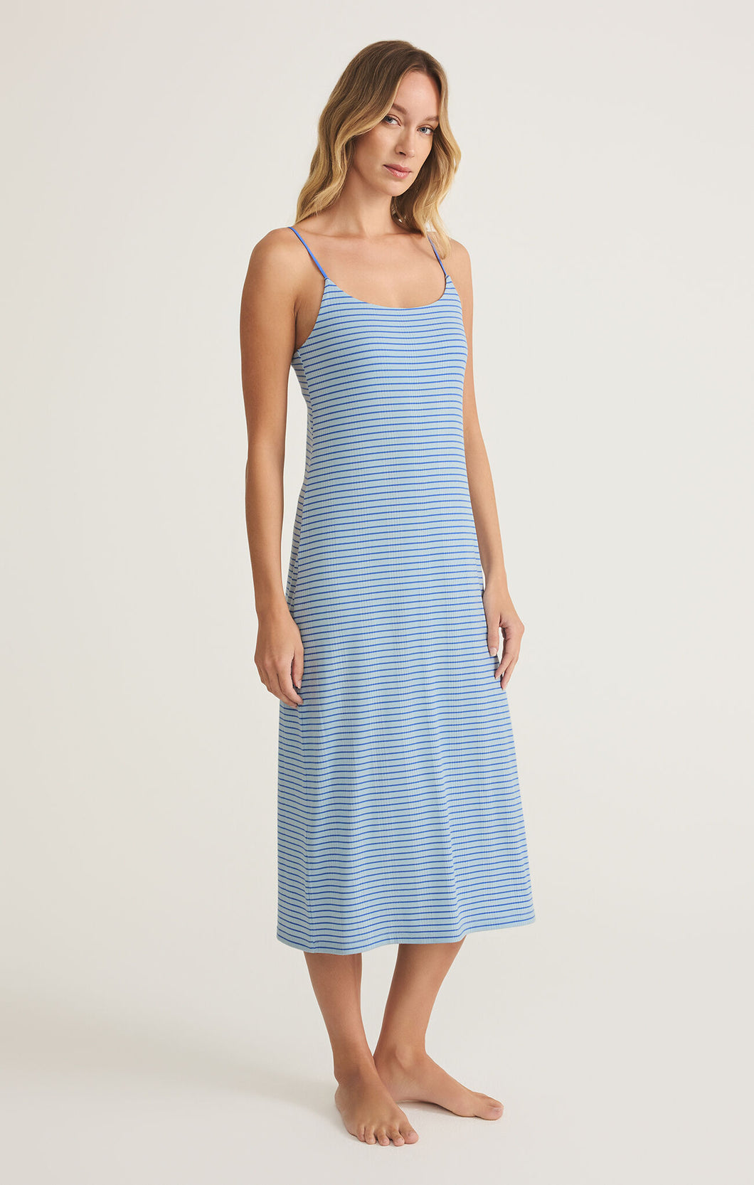 Model wearing ZSupply Sunday Rib Dress in Salt Water.