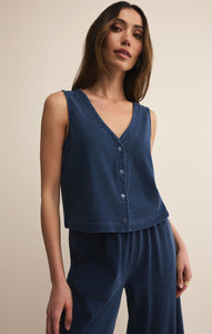 Model wearing ZSupply Solace Jersey Denim Top Indigo.