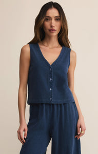 Model wearing ZSupply Solace Jersey Denim Top Indigo.