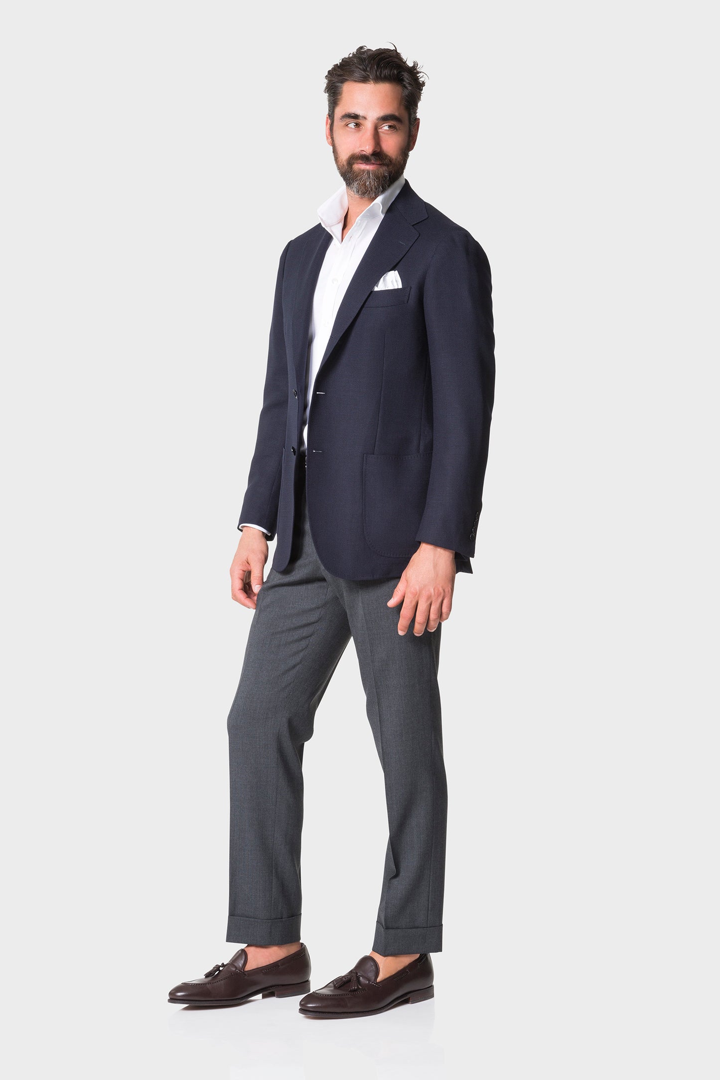 Model wearing Ring Jacket Signature Navy Balloon Jacket.