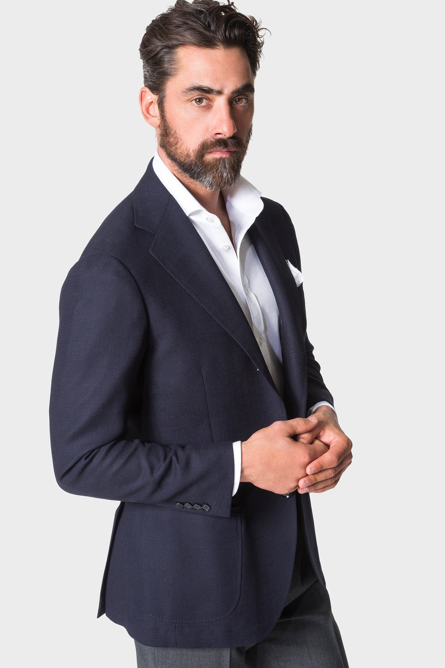 Model wearing Ring Jacket Signature Navy Balloon Jacket.