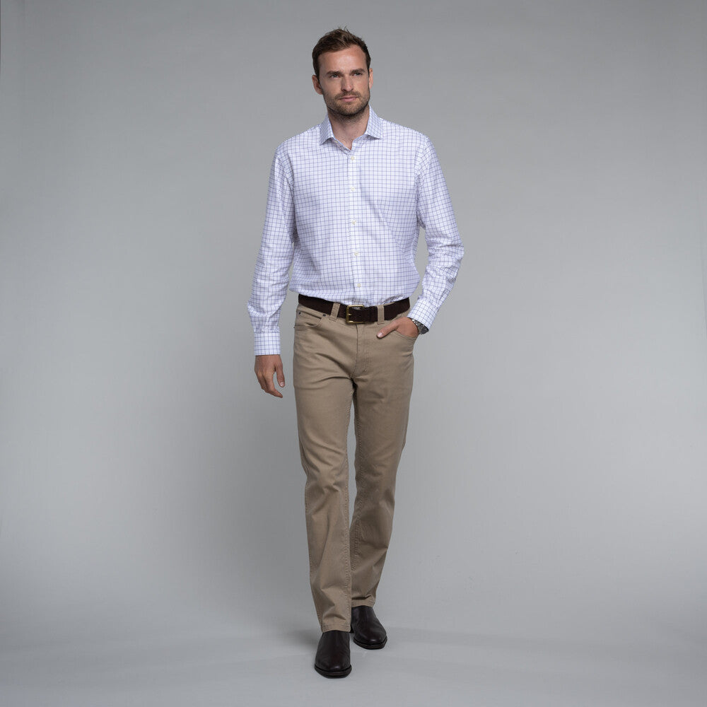 Model wearing Schoffel Men's Canterbury 5 Pocket Jean in Camel.