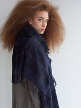 Load image into Gallery viewer, Model wearing Begg &amp; Co - Vale Blackadder Lambswool Cashmere Scarf in Black.
