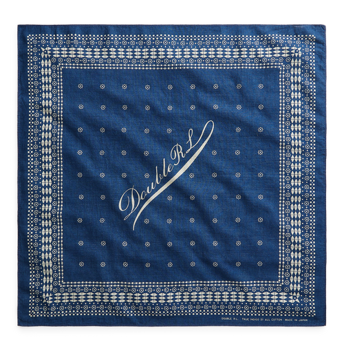 RRL logo print cotton bandana in indigo / greige.