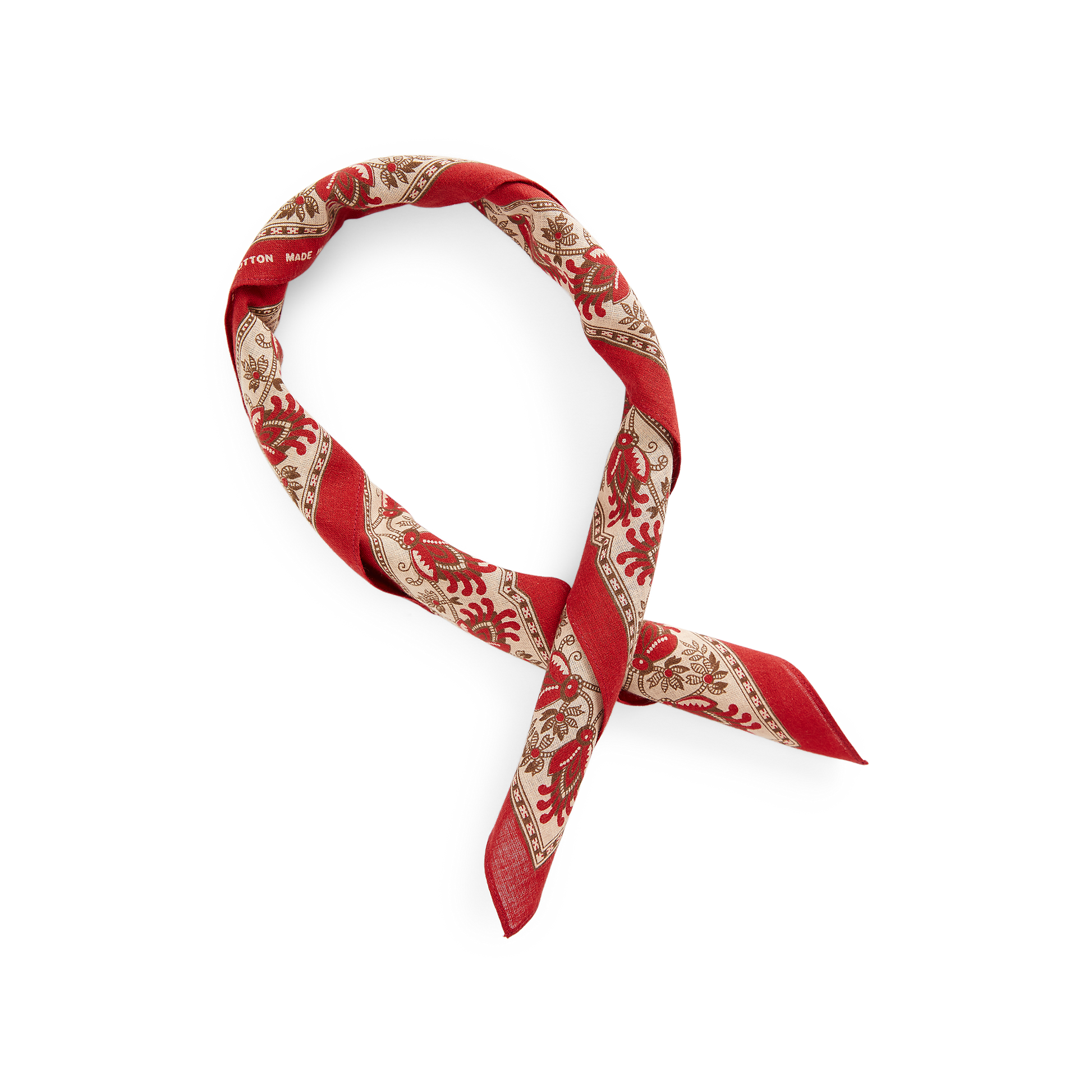 RRL logo print cotton bandana in turkey red, cream and black.