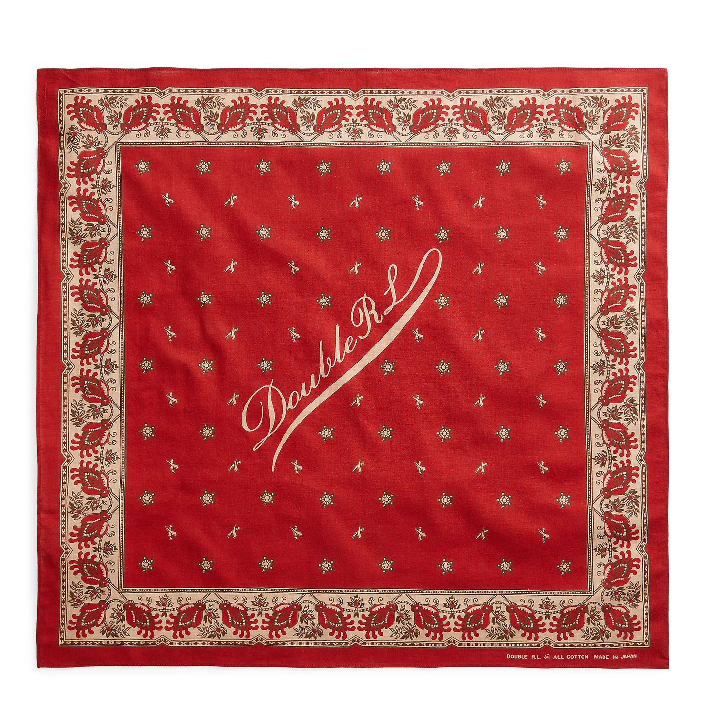 RRL logo print cotton bandana in turkey red, cream and black.