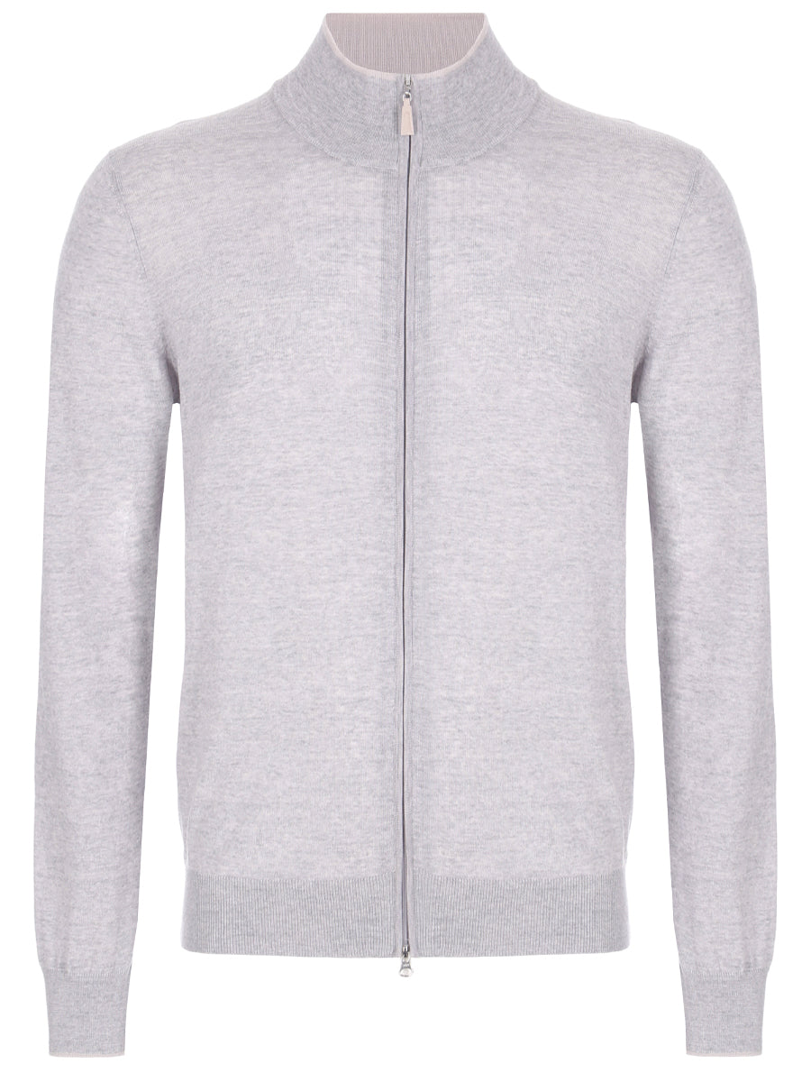 Gran Sasso - Full Zip Pima Cotton Cardigan Sweater in Light Grey.