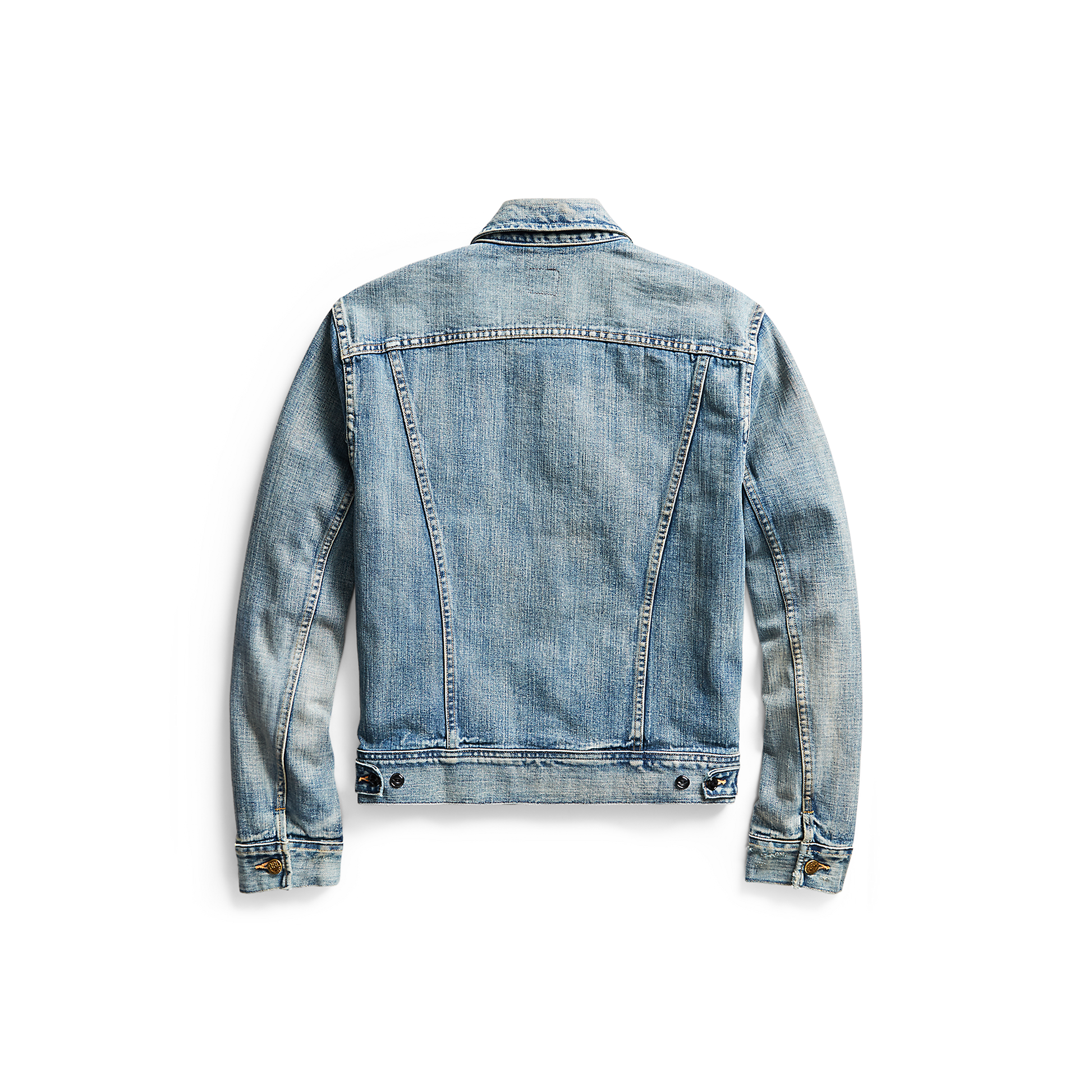 Back of RRL Denim Jacket in leeland wash.