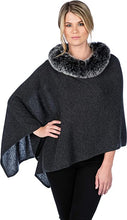 Load image into Gallery viewer, Model wearing Alashan - 100% Cashmere LUXE Windchill Fox Trim Topper in Charcoal.
