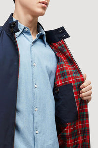 Model wearing Baracuta - G9 Harrington Jacket in Navy.