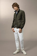 Load image into Gallery viewer, Model wearing Valstar Suede Bomber Jacket in Muschio.
