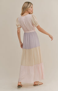 Model wearing Sadie & Sage - Beach Town Tiered Maxi Dress in Pink Multi.