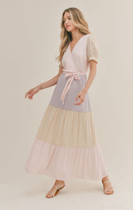 Model wearing Sadie & Sage - Beach Town Tiered Maxi Dress in Pink Multi.