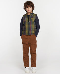 Model wearing Barbour Finn Youth Gilet in Classic Tartan.