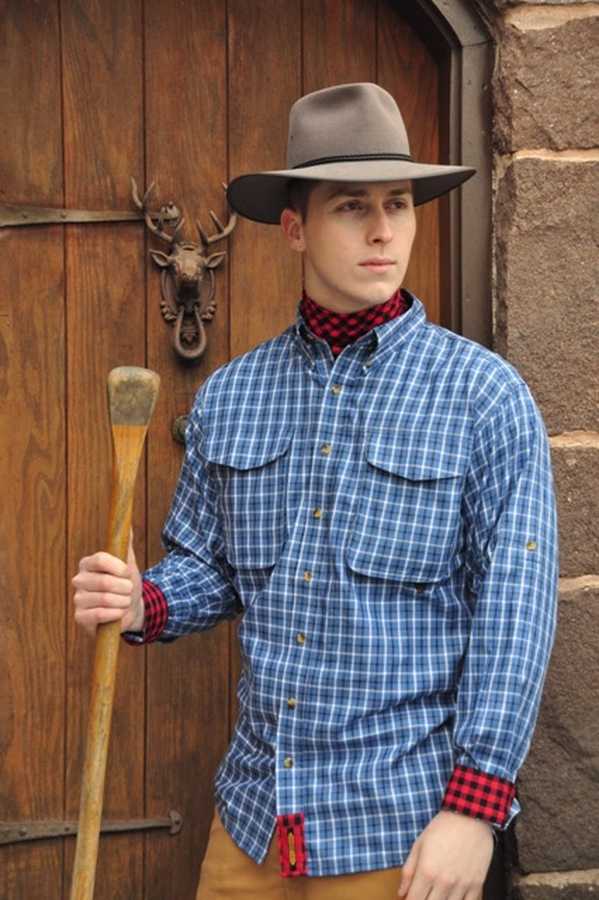 Model Wearing BraeVal Exventurer Shirt EXV-136 in Blue.